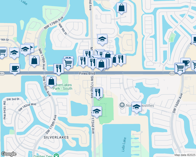 map of restaurants, bars, coffee shops, grocery stores, and more near in Pembroke Pines