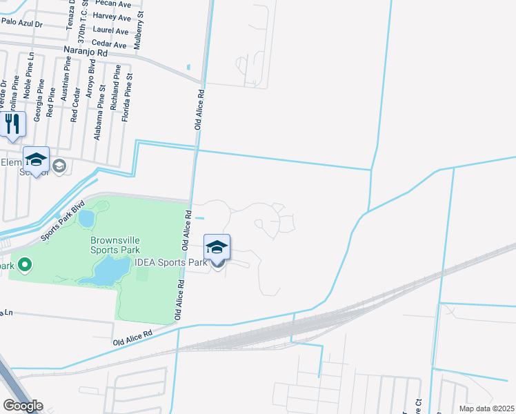 map of restaurants, bars, coffee shops, grocery stores, and more near Old Alice Road in Brownsville