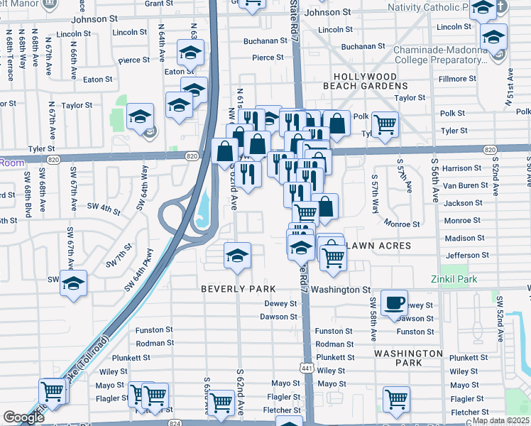 map of restaurants, bars, coffee shops, grocery stores, and more near 407 South 61st Avenue in Hollywood