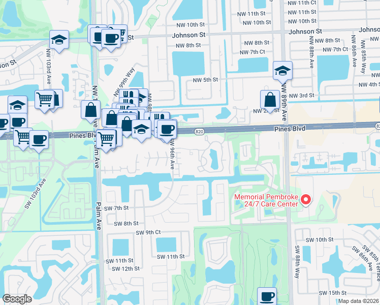 map of restaurants, bars, coffee shops, grocery stores, and more near Palm Circle in Pembroke Pines