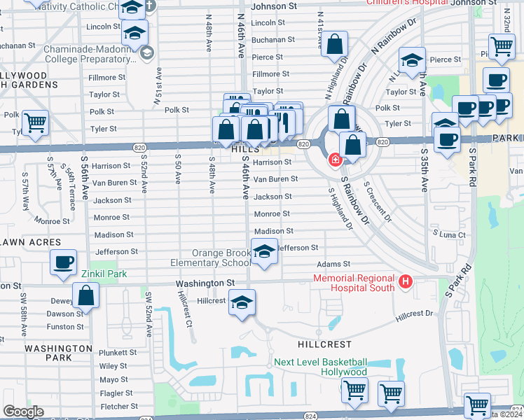 map of restaurants, bars, coffee shops, grocery stores, and more near 4509 Monroe Street in Hollywood