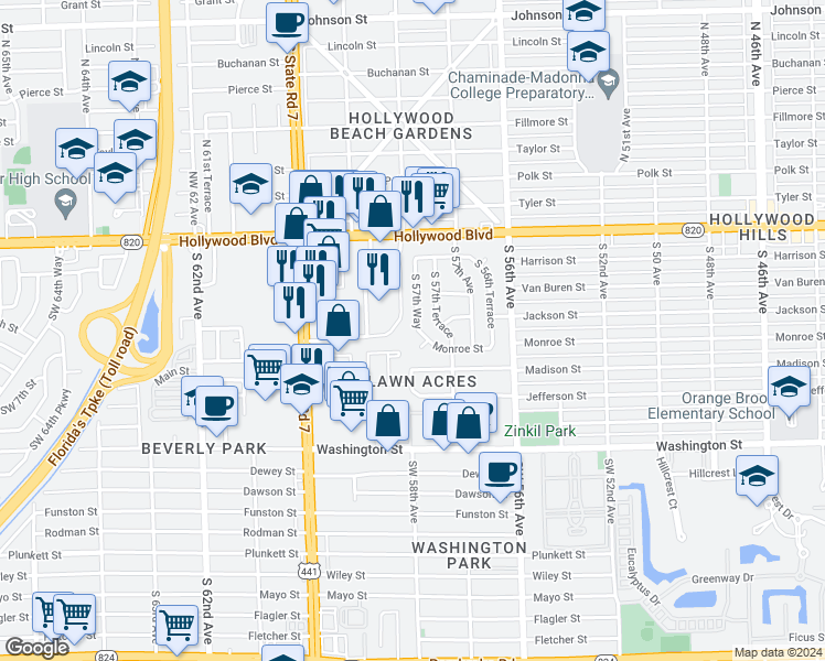 map of restaurants, bars, coffee shops, grocery stores, and more near 400 South 57th Way in Hollywood