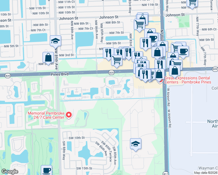map of restaurants, bars, coffee shops, grocery stores, and more near 8530 Southwest 1st Street in Pembroke Pines