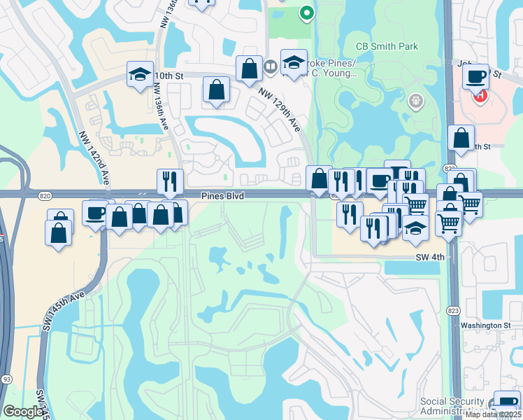map of restaurants, bars, coffee shops, grocery stores, and more near 100 Southwest 132nd Way in Pembroke Pines