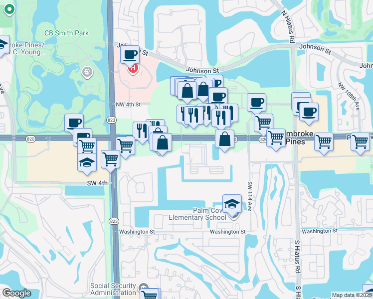 map of restaurants, bars, coffee shops, grocery stores, and more near 102 Southwest 117th Terrace in Pembroke Pines