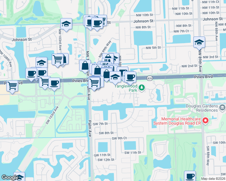 map of restaurants, bars, coffee shops, grocery stores, and more near 9956 Pines Boulevard in Pembroke Pines