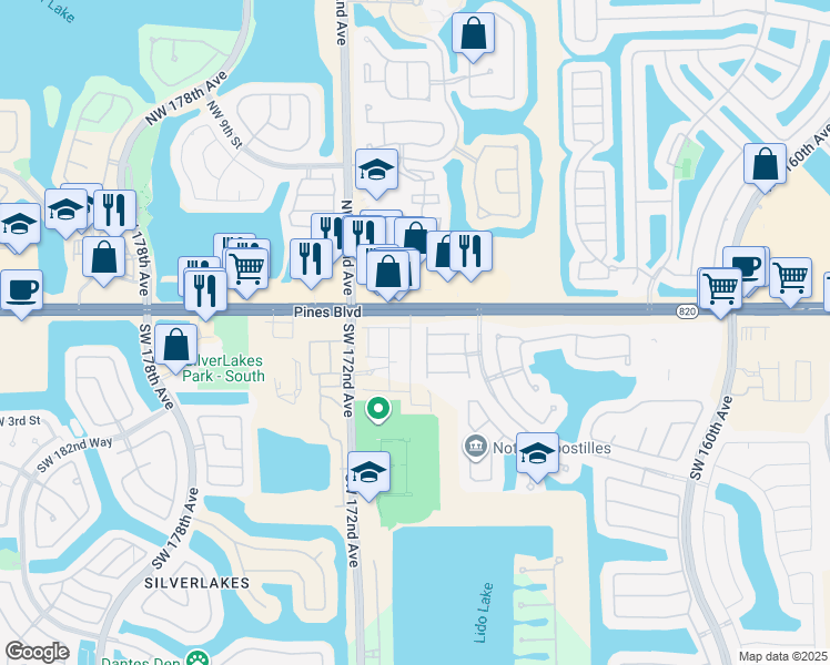 map of restaurants, bars, coffee shops, grocery stores, and more near 102 Southwest 169th Avenue in Pembroke Pines