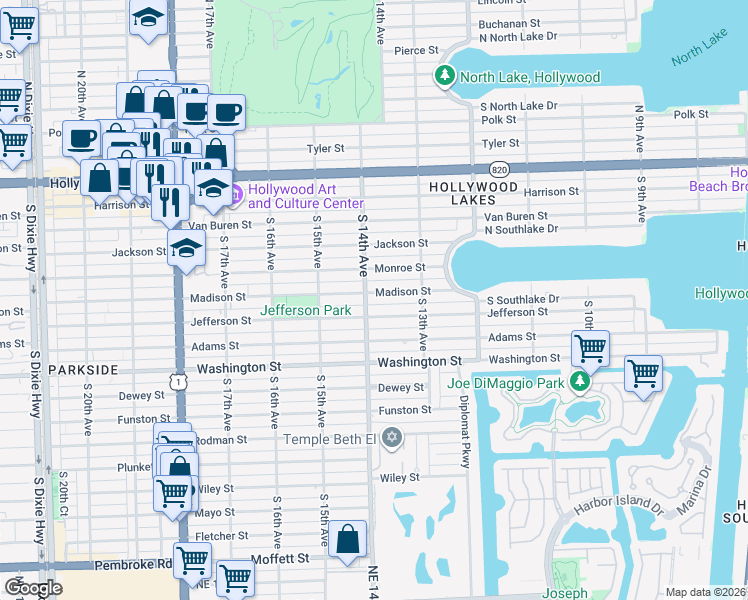 map of restaurants, bars, coffee shops, grocery stores, and more near 1352 Madison Street in Hollywood