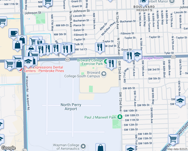 map of restaurants, bars, coffee shops, grocery stores, and more near 7300 Pines Boulevard in Pembroke Pines