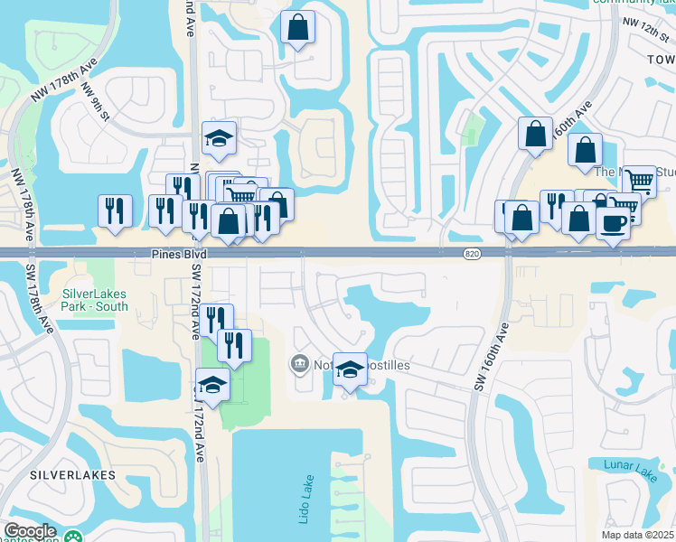 map of restaurants, bars, coffee shops, grocery stores, and more near 16603 Southwest 1st Street in Pembroke Pines