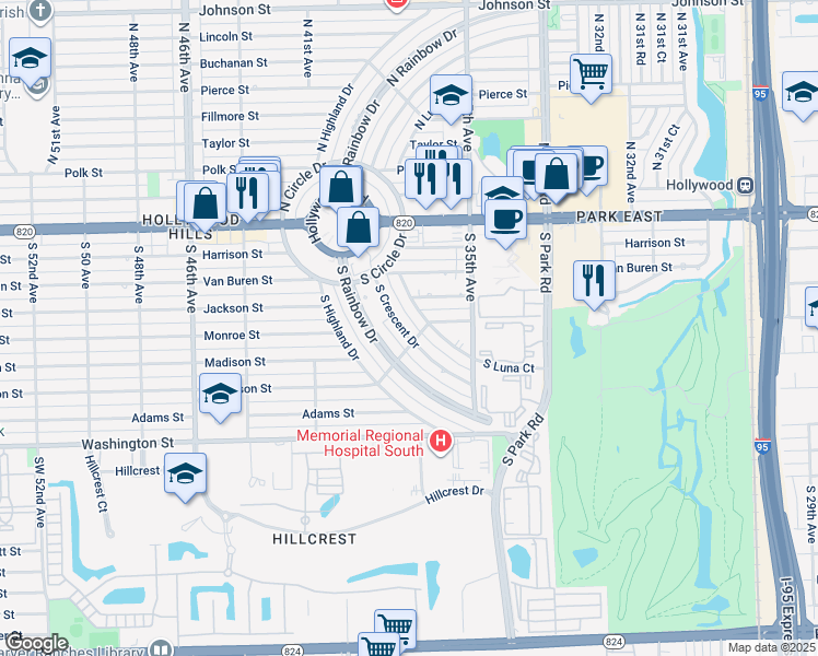 map of restaurants, bars, coffee shops, grocery stores, and more near 210 South Highland Court in Hollywood