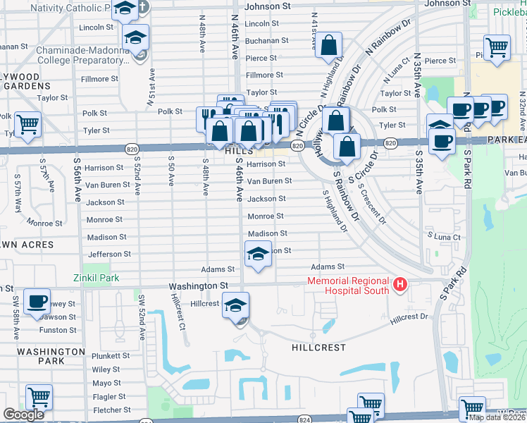 map of restaurants, bars, coffee shops, grocery stores, and more near 4509 Monroe Street in Hollywood