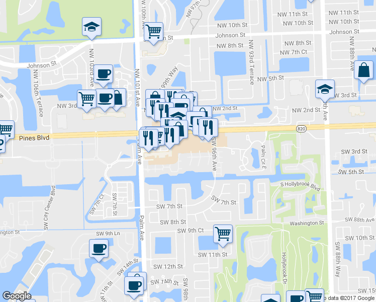 map of restaurants, bars, coffee shops, grocery stores, and more near 100 Southwest 97th Terrace in Pembroke Pines