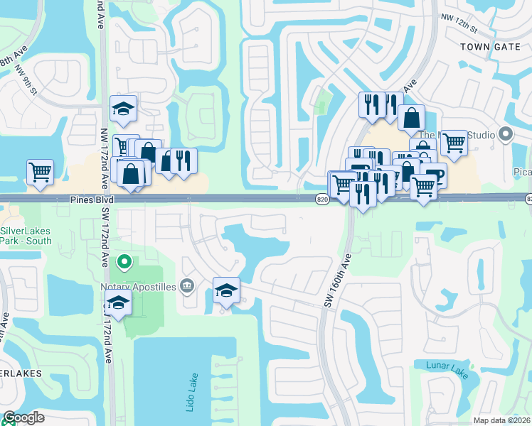 map of restaurants, bars, coffee shops, grocery stores, and more near 16429 Southwest 1st Street in Pembroke Pines