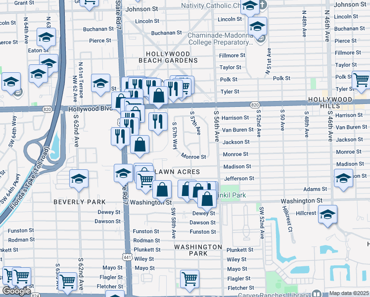 map of restaurants, bars, coffee shops, grocery stores, and more near 4 South 57th Terrace in Hollywood