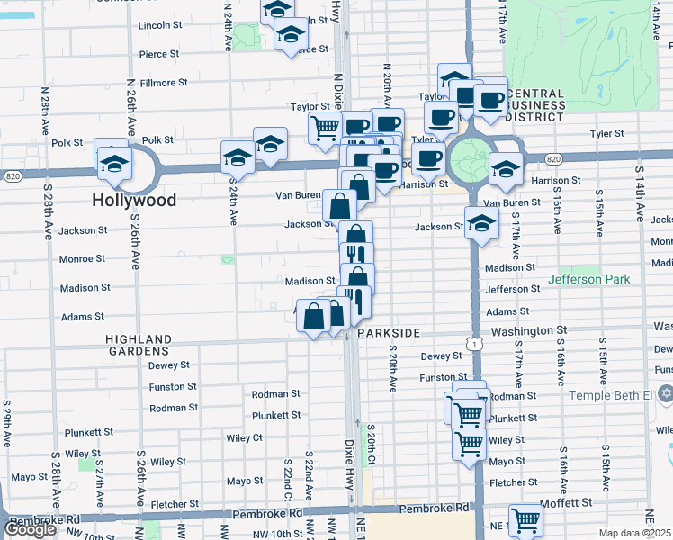 map of restaurants, bars, coffee shops, grocery stores, and more near 2104 Monroe Terrace in Hollywood