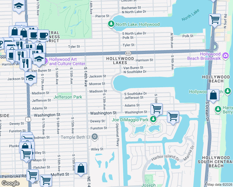 map of restaurants, bars, coffee shops, grocery stores, and more near 1238 Madison Street in Hollywood