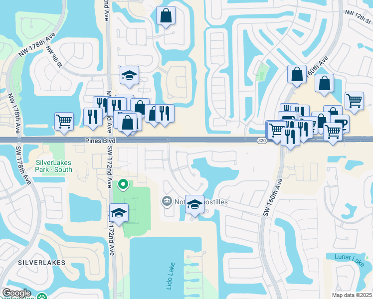map of restaurants, bars, coffee shops, grocery stores, and more near 16603 Southwest 1st Street in Pembroke Pines