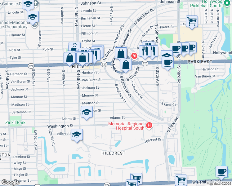 map of restaurants, bars, coffee shops, grocery stores, and more near 500 South Highland Drive in Hollywood