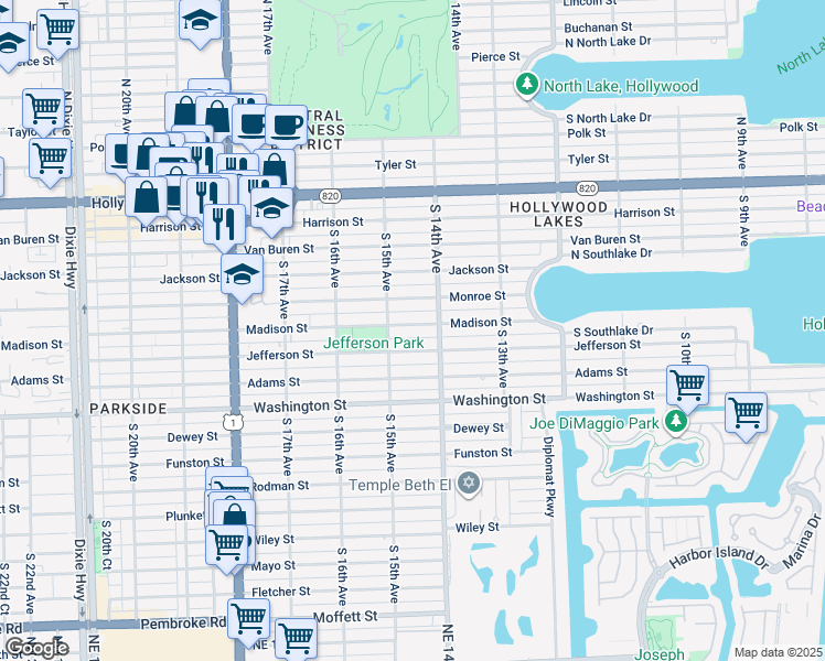 map of restaurants, bars, coffee shops, grocery stores, and more near 1432 Madison Street in Hollywood