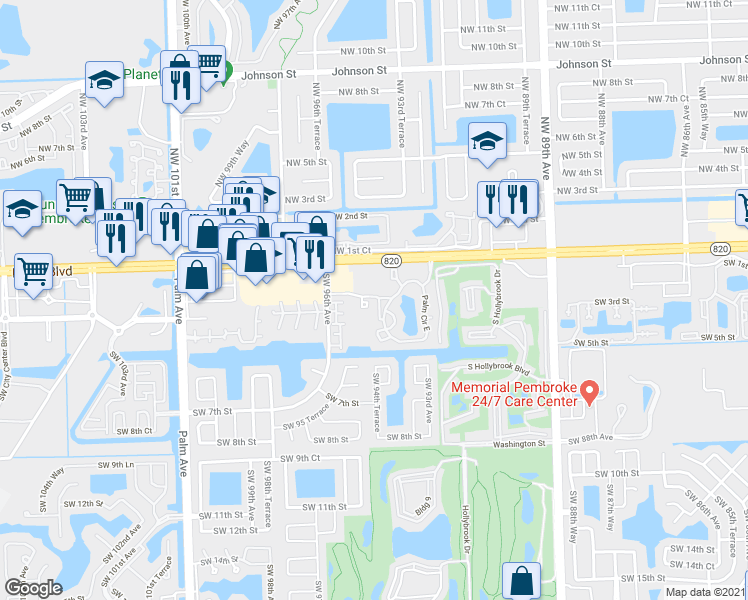 map of restaurants, bars, coffee shops, grocery stores, and more near 250 Southwest 1st Street in Pembroke Pines