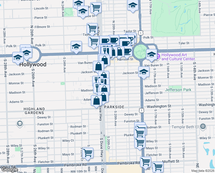 map of restaurants, bars, coffee shops, grocery stores, and more near 2037 Madison Street in Hollywood