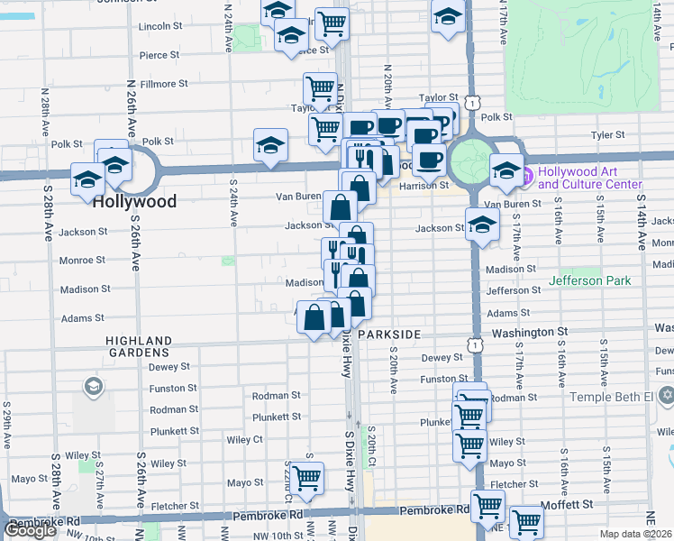 map of restaurants, bars, coffee shops, grocery stores, and more near 2104 Monroe Terrace in Hollywood