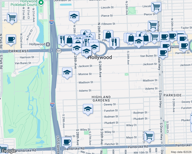 map of restaurants, bars, coffee shops, grocery stores, and more near 2630 Monroe Street in Hollywood