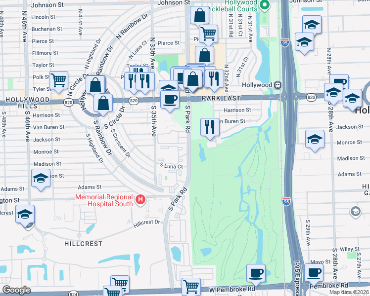 map of restaurants, bars, coffee shops, grocery stores, and more near 460 South Park Road in Hollywood