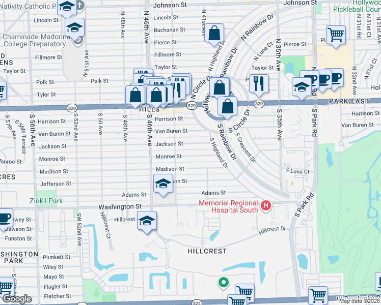 map of restaurants, bars, coffee shops, grocery stores, and more near 4201 Monroe Street in Hollywood
