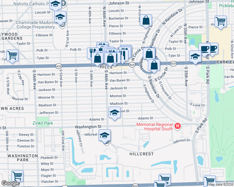 map of restaurants, bars, coffee shops, grocery stores, and more near 4509 Monroe Street in Hollywood