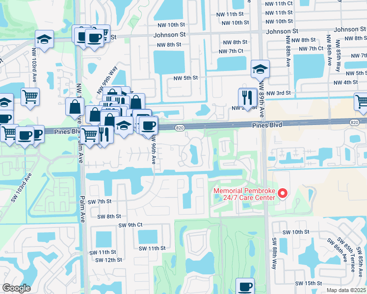 map of restaurants, bars, coffee shops, grocery stores, and more near 250 Southwest 1st Street in Pembroke Pines