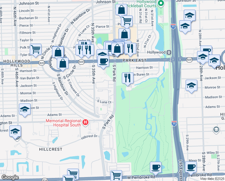 map of restaurants, bars, coffee shops, grocery stores, and more near 460 South Park Road in Hollywood