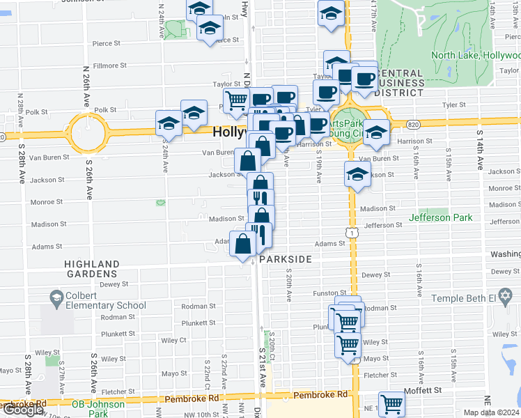 map of restaurants, bars, coffee shops, grocery stores, and more near 527 South 21st Avenue in Hollywood