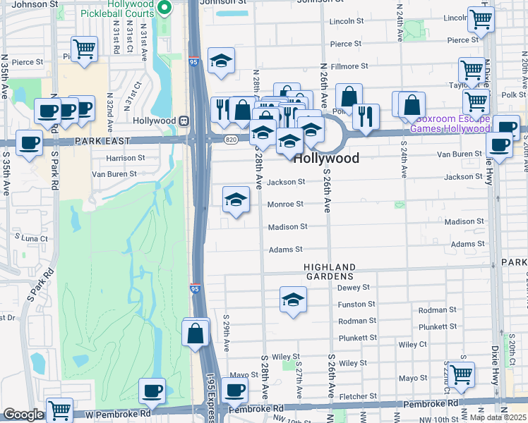 map of restaurants, bars, coffee shops, grocery stores, and more near 505 South 28th Avenue in Hollywood