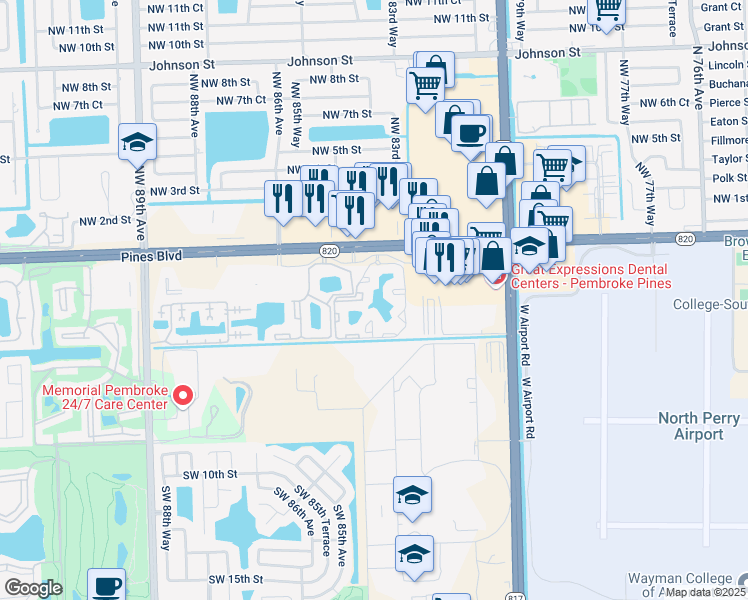map of restaurants, bars, coffee shops, grocery stores, and more near 321 Southwest 3rd Court in Pembroke Pines