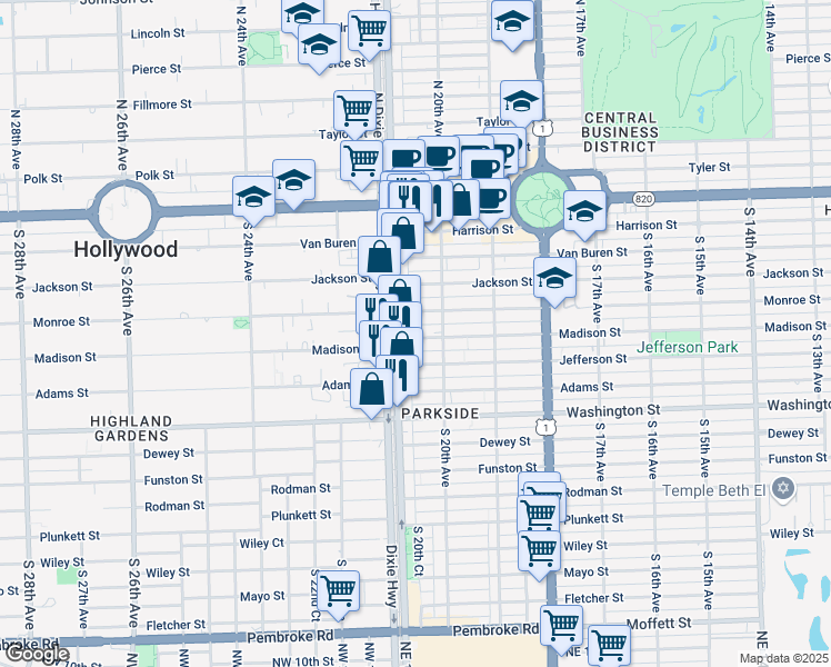 map of restaurants, bars, coffee shops, grocery stores, and more near 2037 Madison Street in Hollywood