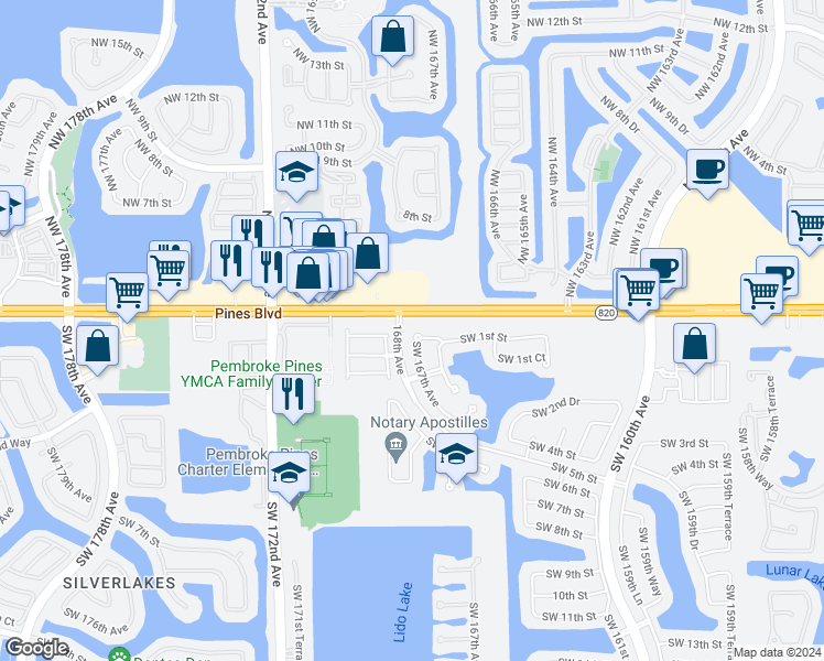map of restaurants, bars, coffee shops, grocery stores, and more near 16681 Southwest 1st Street in Pembroke Pines