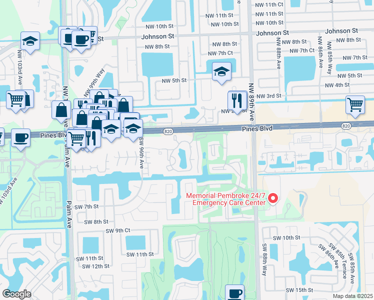 map of restaurants, bars, coffee shops, grocery stores, and more near 202 Palm Circle East in Pembroke Pines