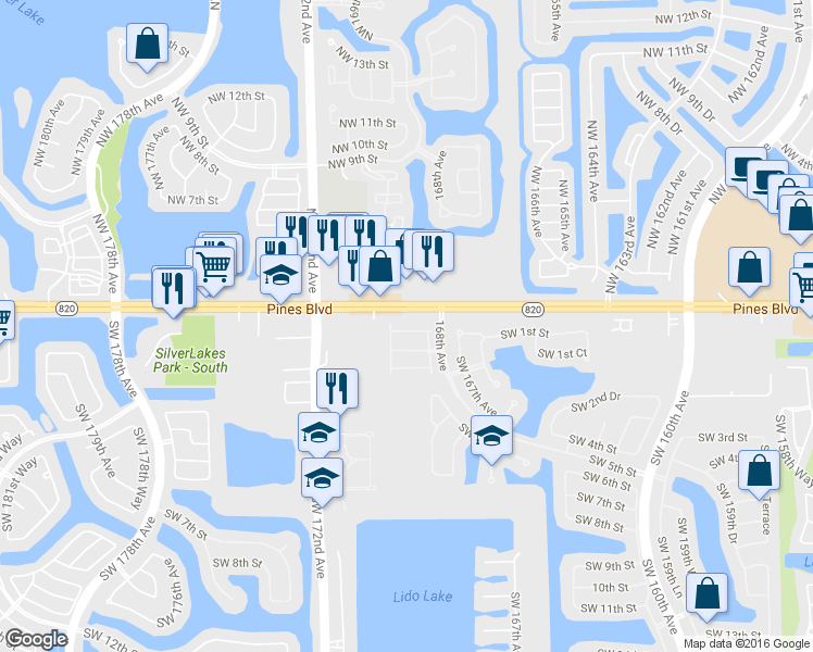 map of restaurants, bars, coffee shops, grocery stores, and more near 16863 Southwest 1st Street in Pembroke Pines