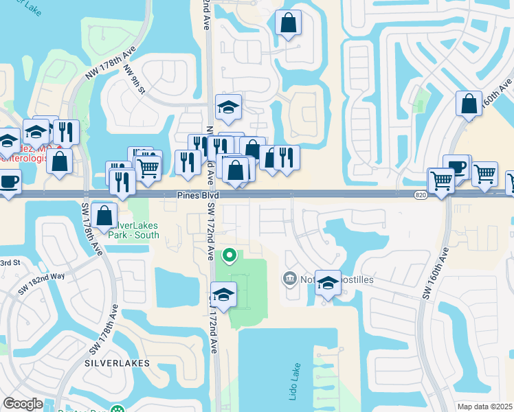 map of restaurants, bars, coffee shops, grocery stores, and more near 102 Southwest 169th Avenue in Pembroke Pines
