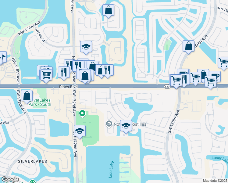 map of restaurants, bars, coffee shops, grocery stores, and more near 16681 Southwest 1st Street in Pembroke Pines
