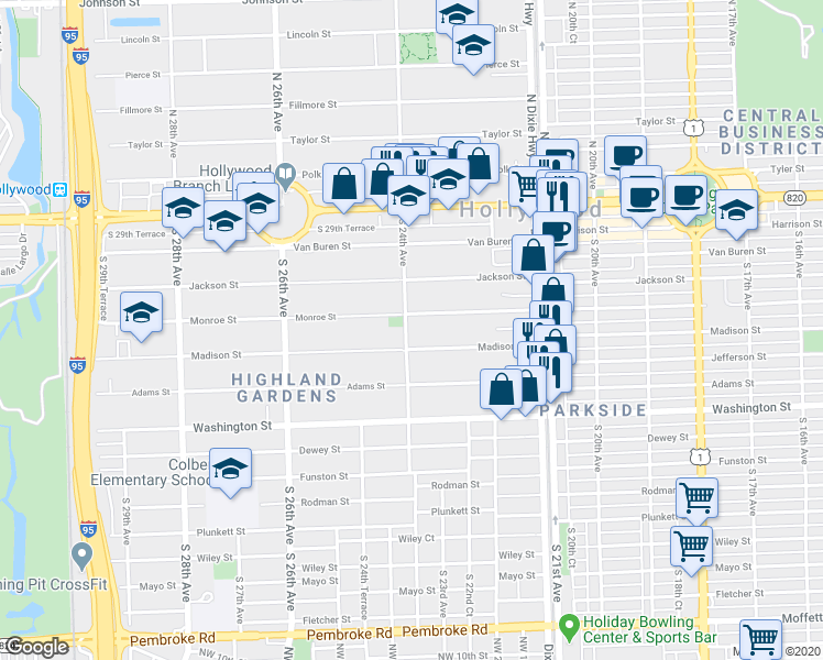 map of restaurants, bars, coffee shops, grocery stores, and more near 515 South 24th Avenue in Hollywood