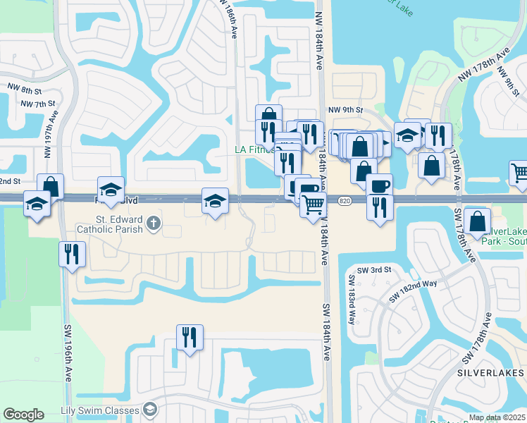 map of restaurants, bars, coffee shops, grocery stores, and more near 156 Southwest 185th Way in Pembroke Pines
