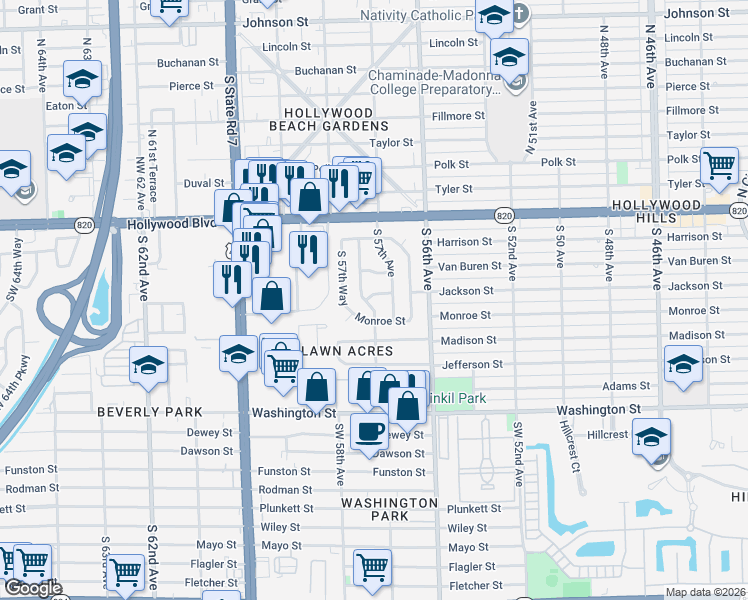 map of restaurants, bars, coffee shops, grocery stores, and more near 4 South 57th Terrace in Hollywood