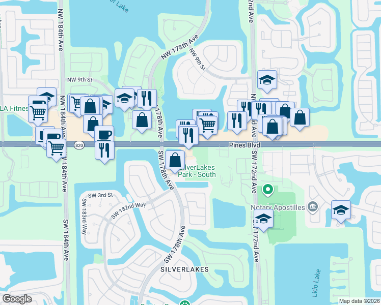map of restaurants, bars, coffee shops, grocery stores, and more near 17720 Pines Boulevard in Pembroke Pines