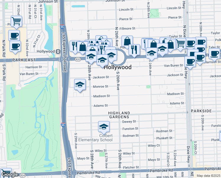 map of restaurants, bars, coffee shops, grocery stores, and more near 2630 Monroe Street in Hollywood