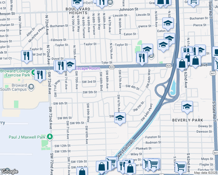 map of restaurants, bars, coffee shops, grocery stores, and more near 325 Southwest 68th Avenue in Pembroke Pines
