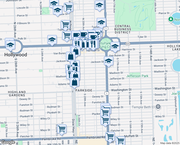 map of restaurants, bars, coffee shops, grocery stores, and more near 1951 Madison Street in Hollywood