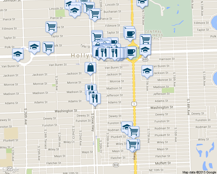 map of restaurants, bars, coffee shops, grocery stores, and more near 1951 Madison Street in Hollywood
